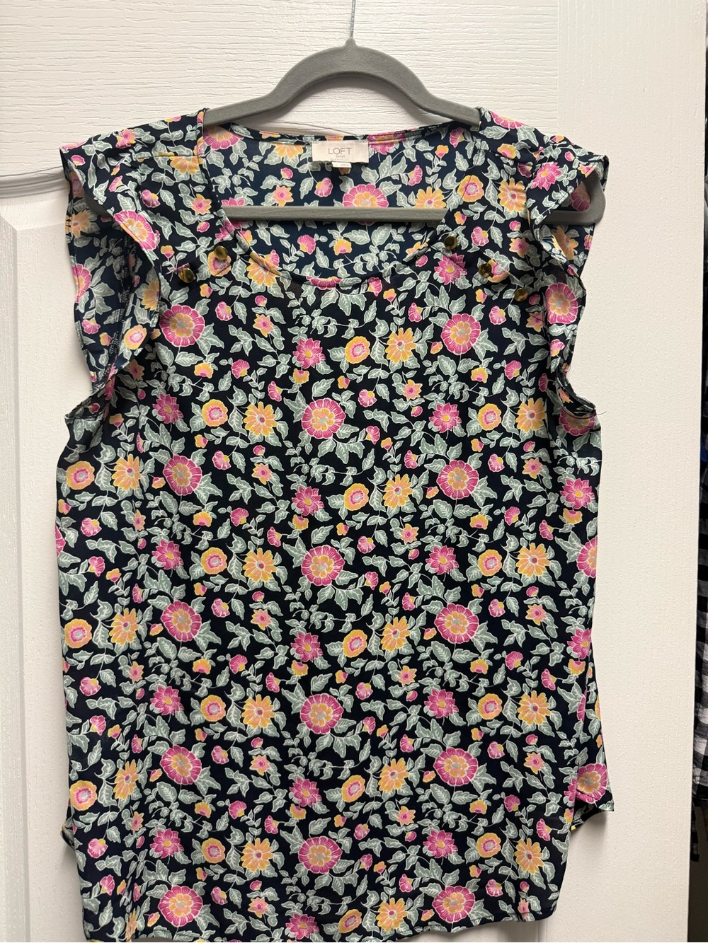 LOFT Black Floral Flutter Sleeve Shell with Pink & Yellow Blooms